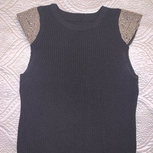 Black knit top, beaded and rhinestone cap-sleeve